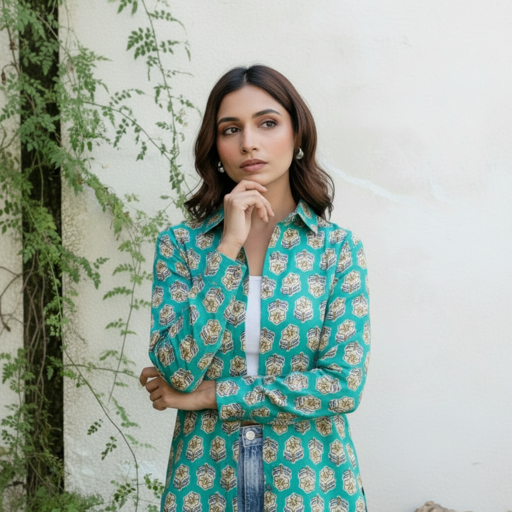 Teal Mughal Block Print Casual Shirt for Women