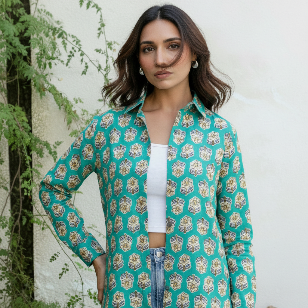 Teal Mughal Block Print Casual Shirt for Women