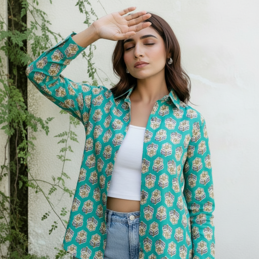Teal Mughal Block Print Casual Shirt for Women