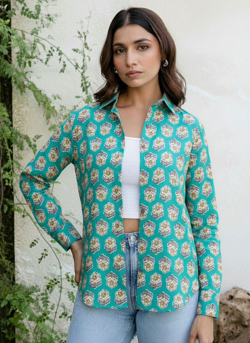 Teal Mughal Block Print Casual Shirt for Women