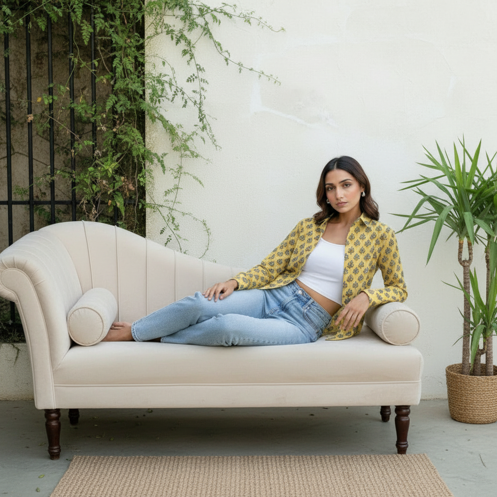 Mustard Yellow Block Print Cotton Casual Shirt for Women