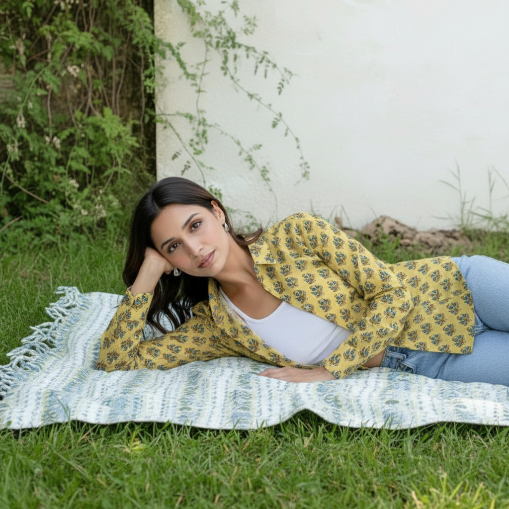 Mustard Yellow Block Print Cotton Casual Shirt for Women