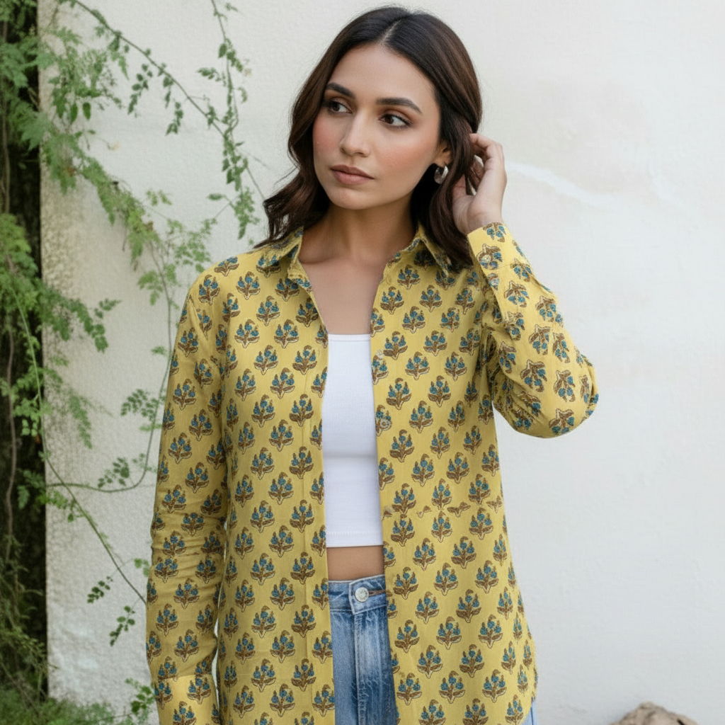 Mustard Yellow Block Print Cotton Casual Shirt for Women