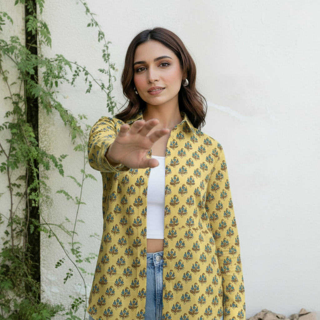 Mustard Yellow Block Print Cotton Casual Shirt for Women