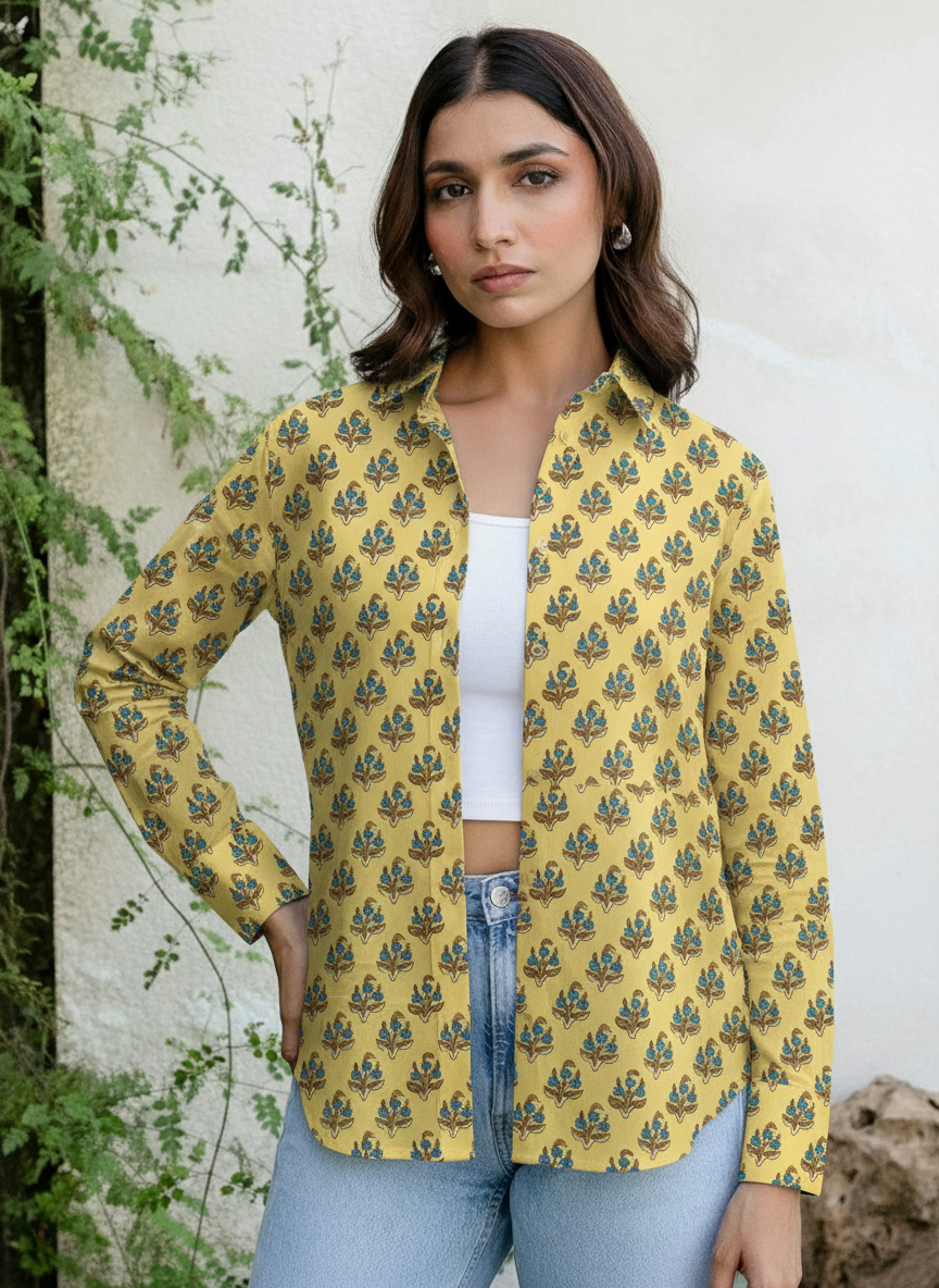Mustard Yellow Block Print Cotton Casual Shirt for Women