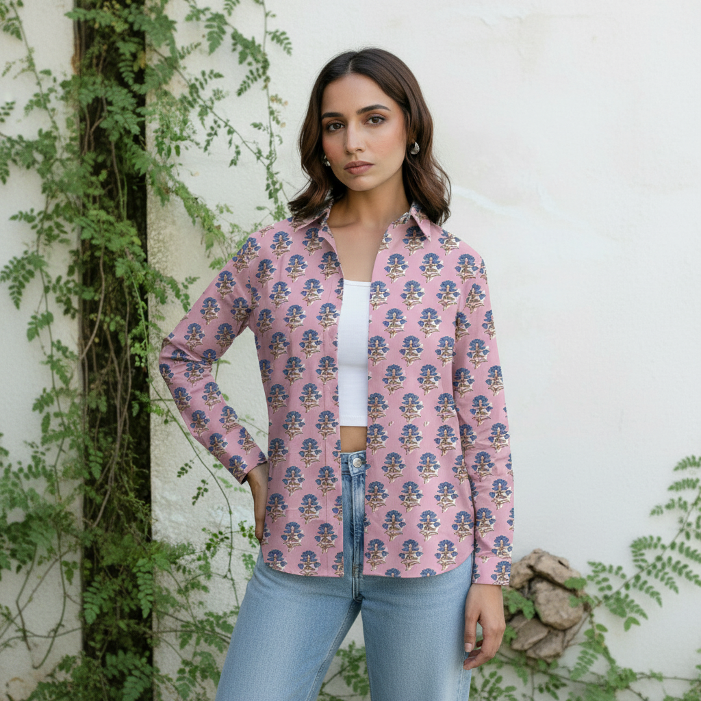 Pink Floral Printed Cotton Casual Shirt for Women