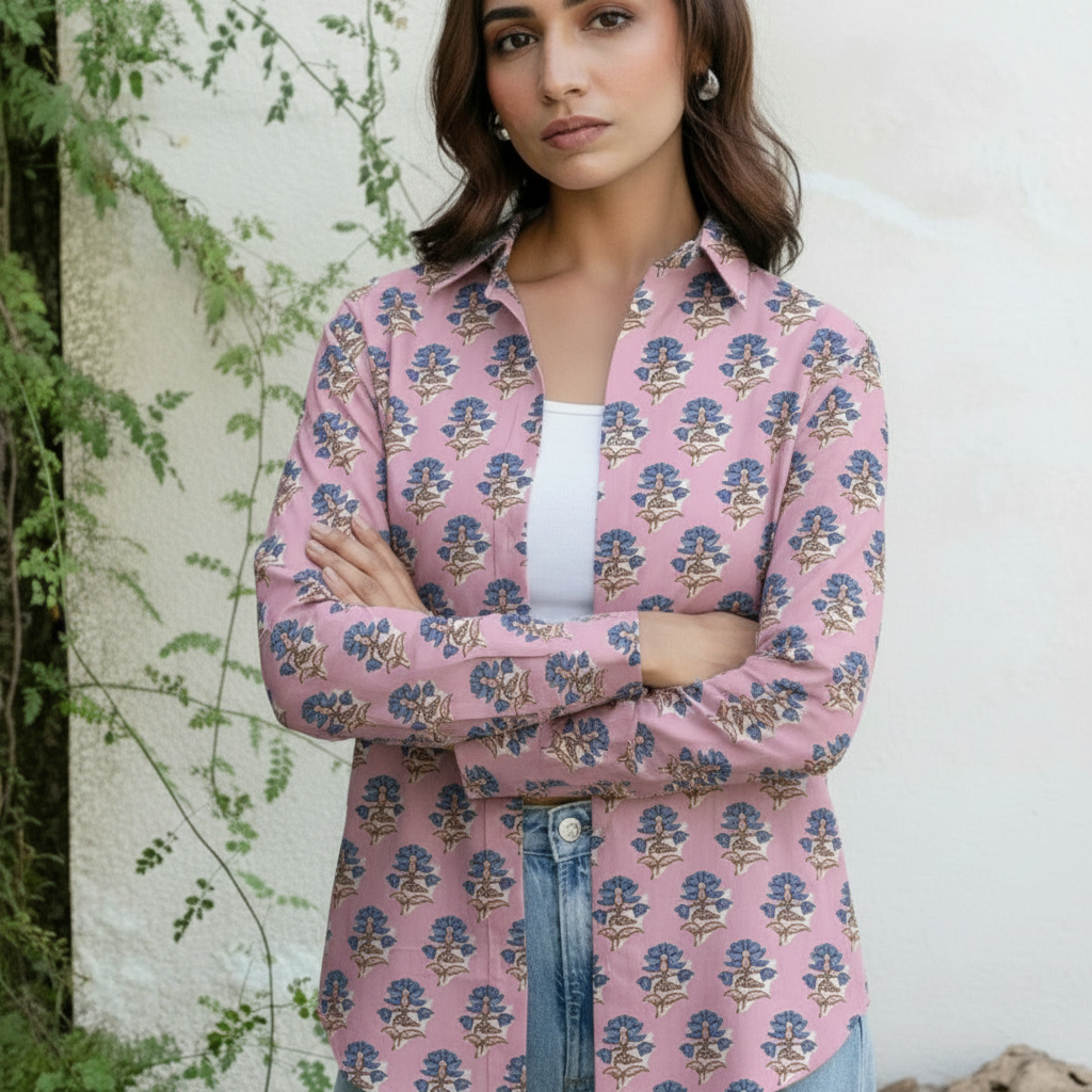 Pink Floral Printed Cotton Casual Shirt for Women
