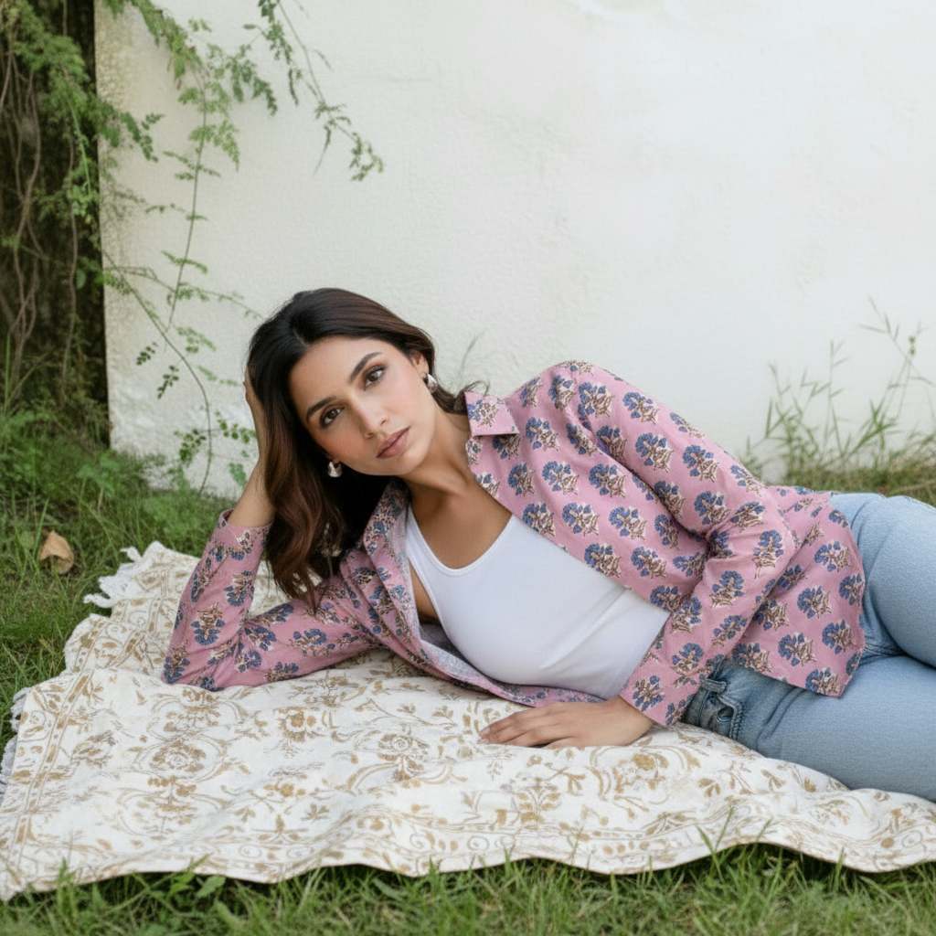 Pink Floral Printed Cotton Casual Shirt for Women