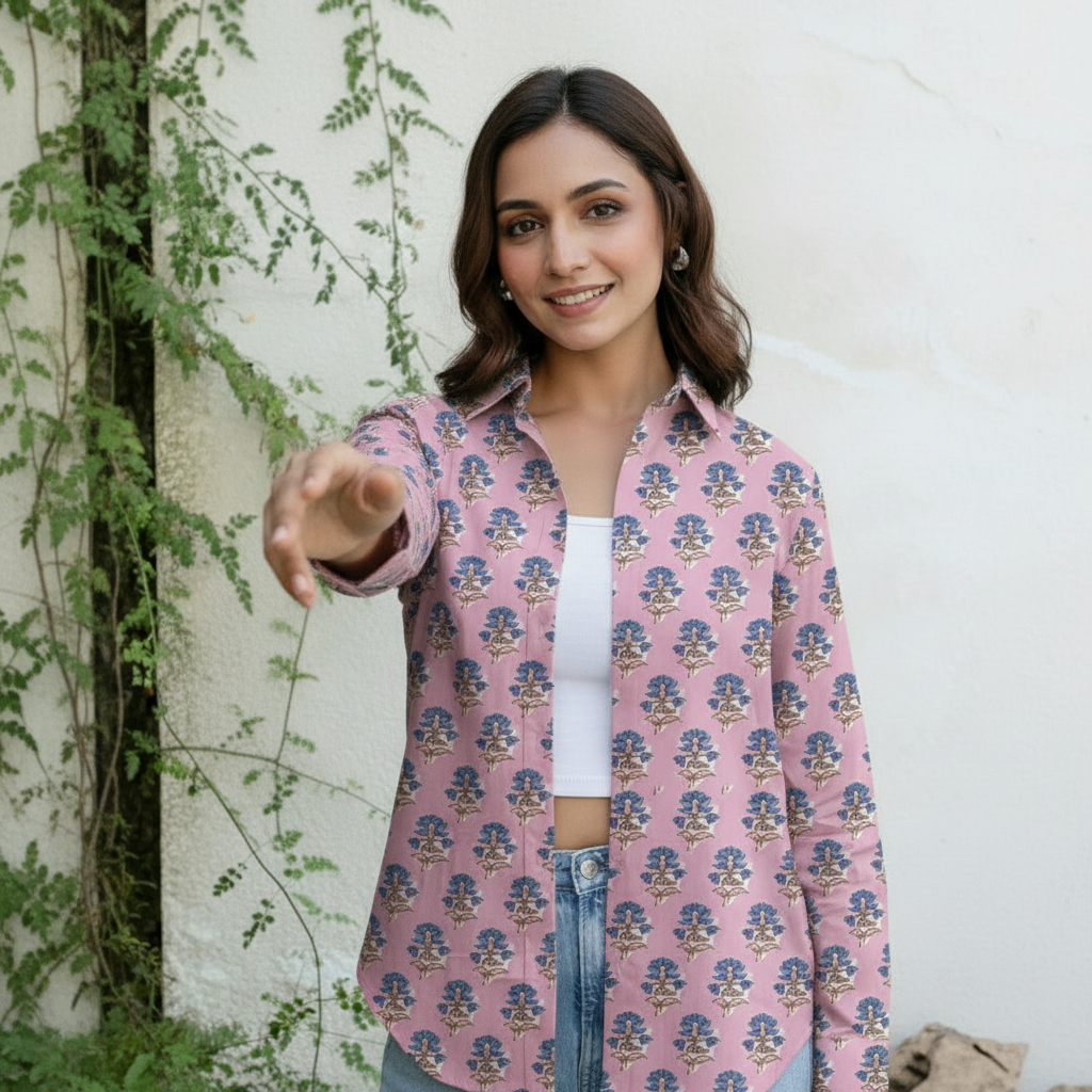 Pink Floral Printed Cotton Casual Shirt for Women