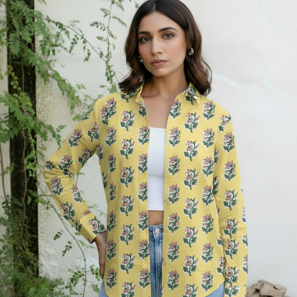 Mustard Yellow Floral Printed Cotton Casual Shirt for Women