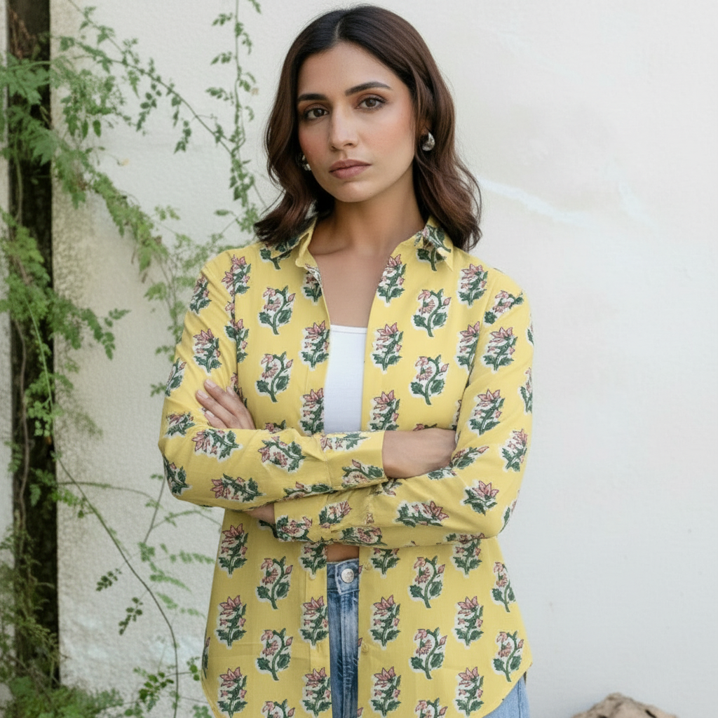 Mustard Yellow Floral Printed Cotton Casual Shirt for Women