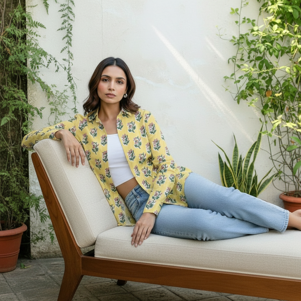 Mustard Yellow Floral Printed Cotton Casual Shirt for Women