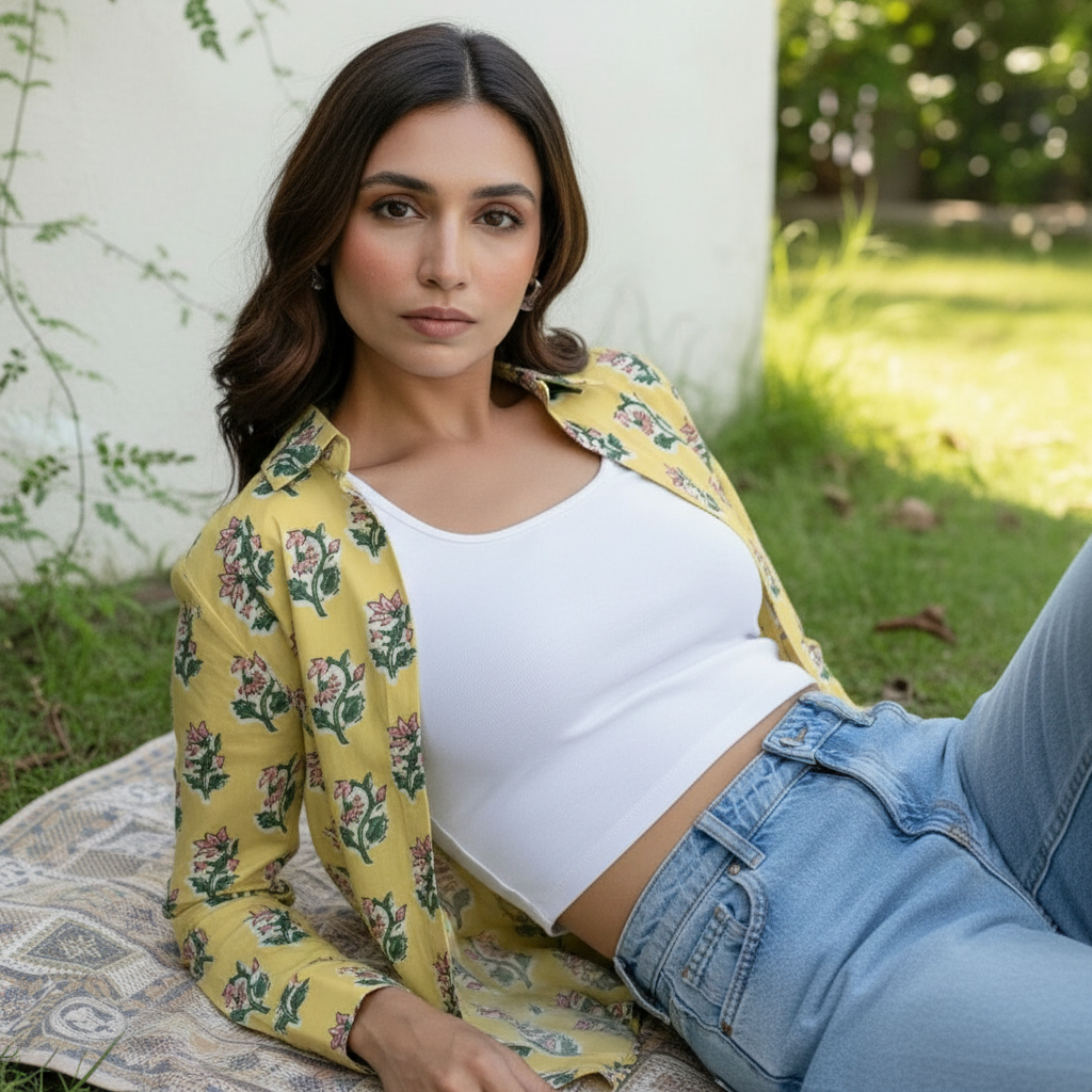 Mustard Yellow Floral Printed Cotton Casual Shirt for Women