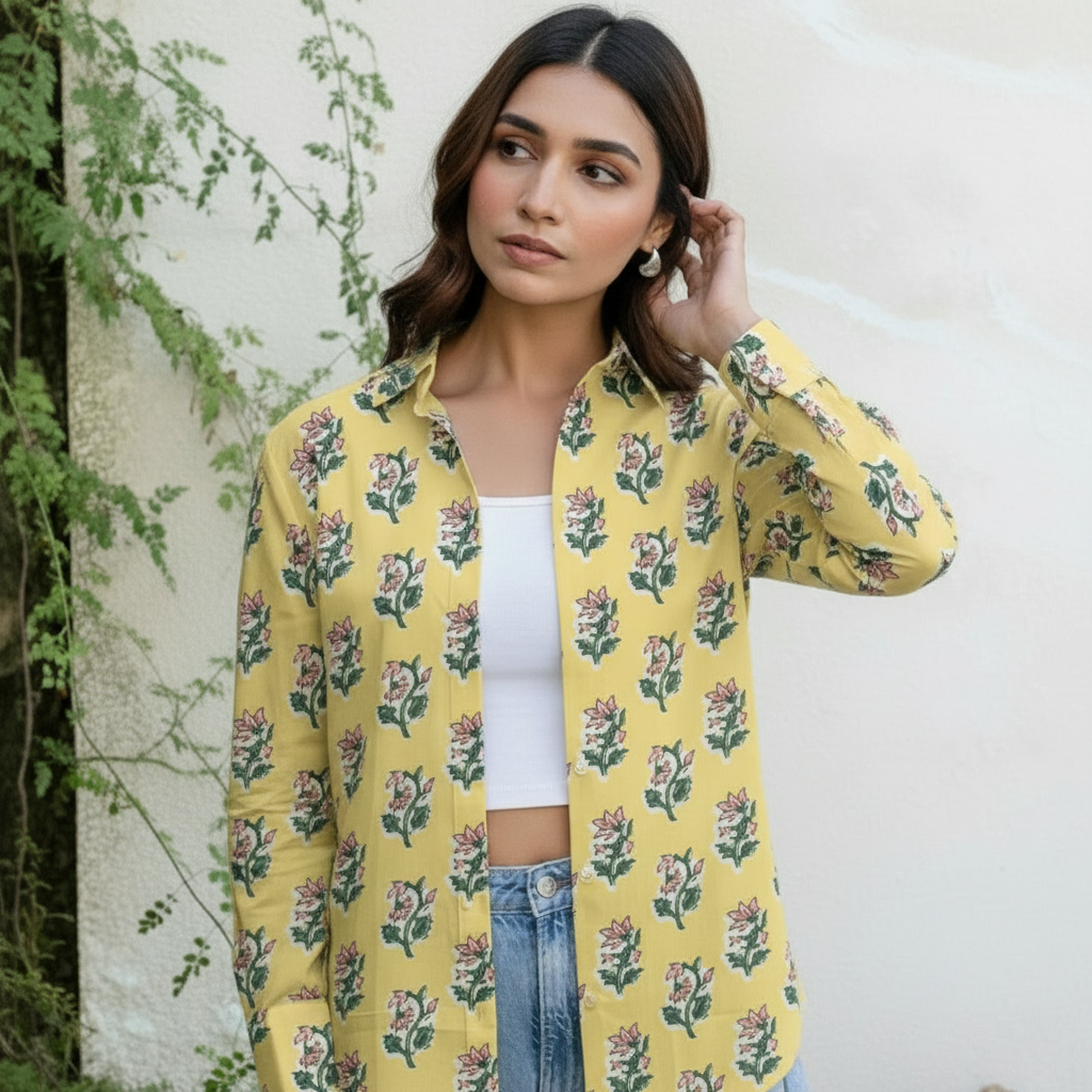 Mustard Yellow Floral Printed Cotton Casual Shirt for Women
