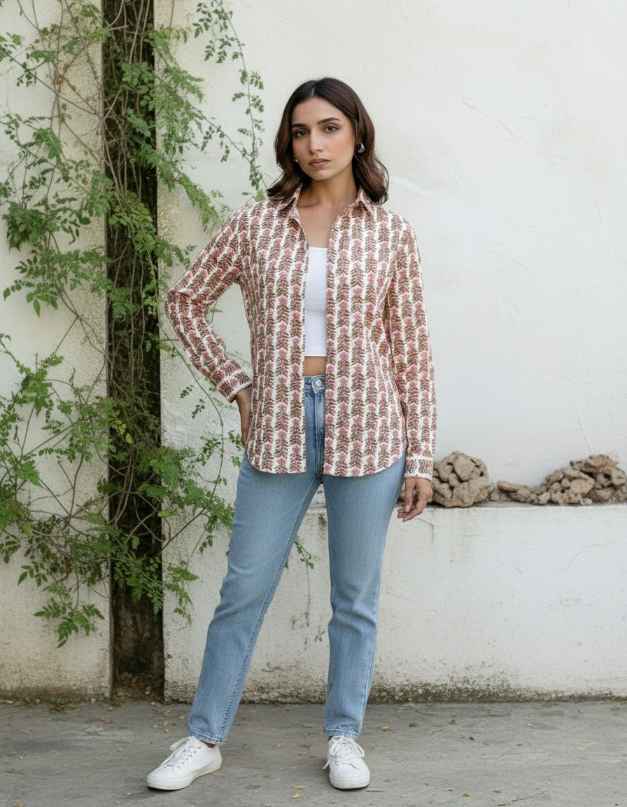 White Handblock Floral Printed Casual Shirt for Women