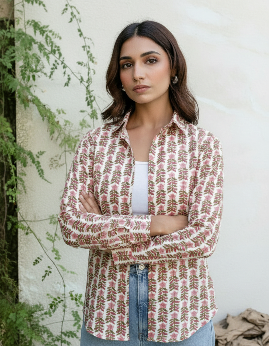 White Handblock Floral Printed Casual Shirt for Women