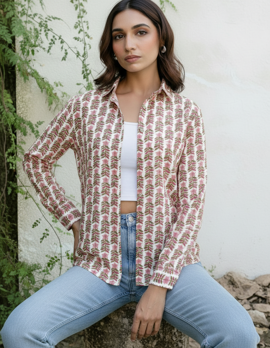 White Handblock Floral Printed Casual Shirt for Women