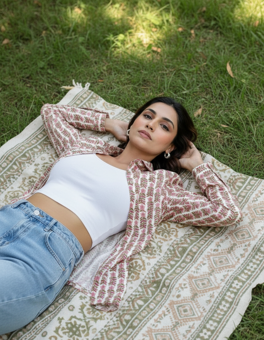 White Handblock Floral Printed Casual Shirt for Women