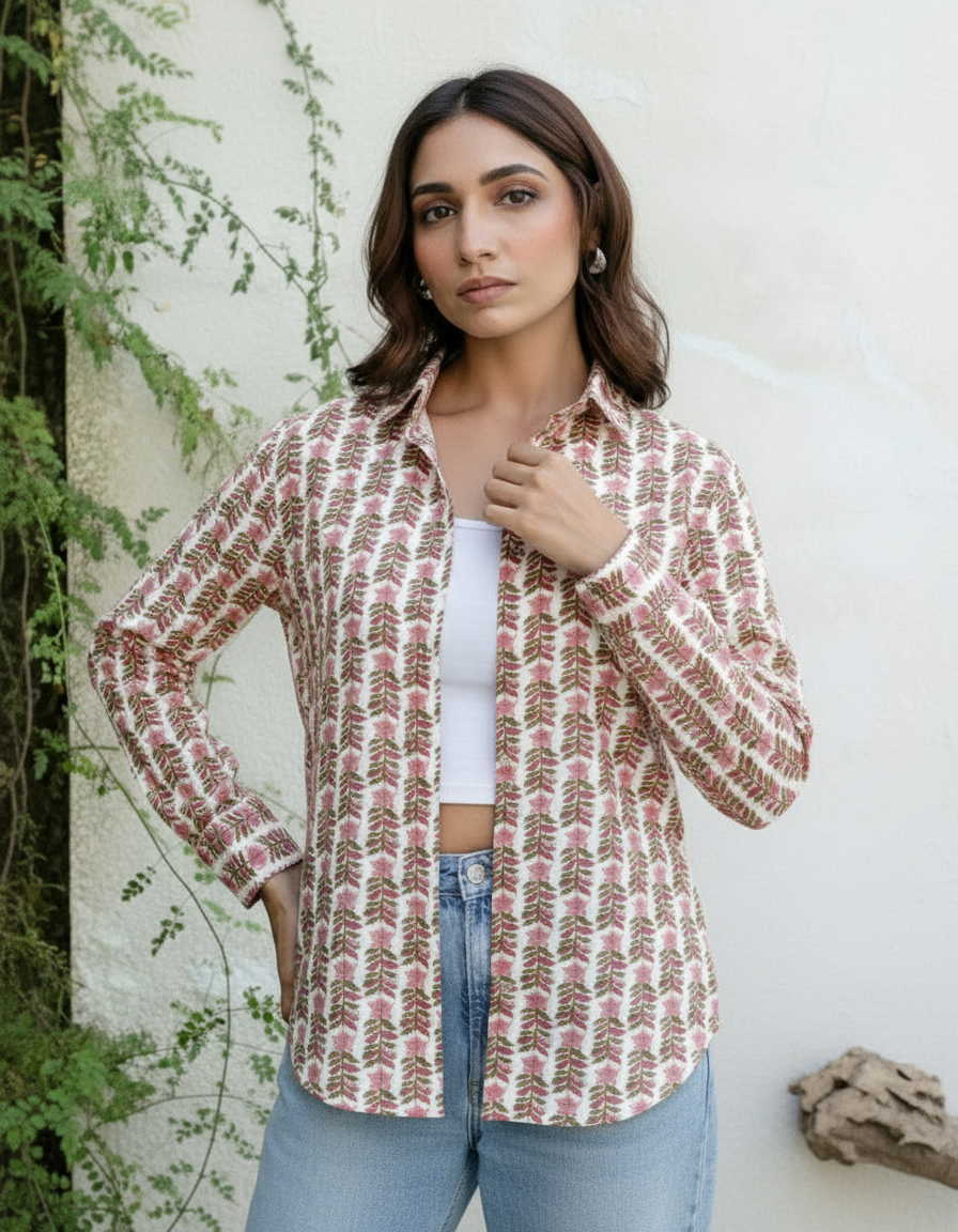 White Handblock Floral Printed Casual Shirt for Women