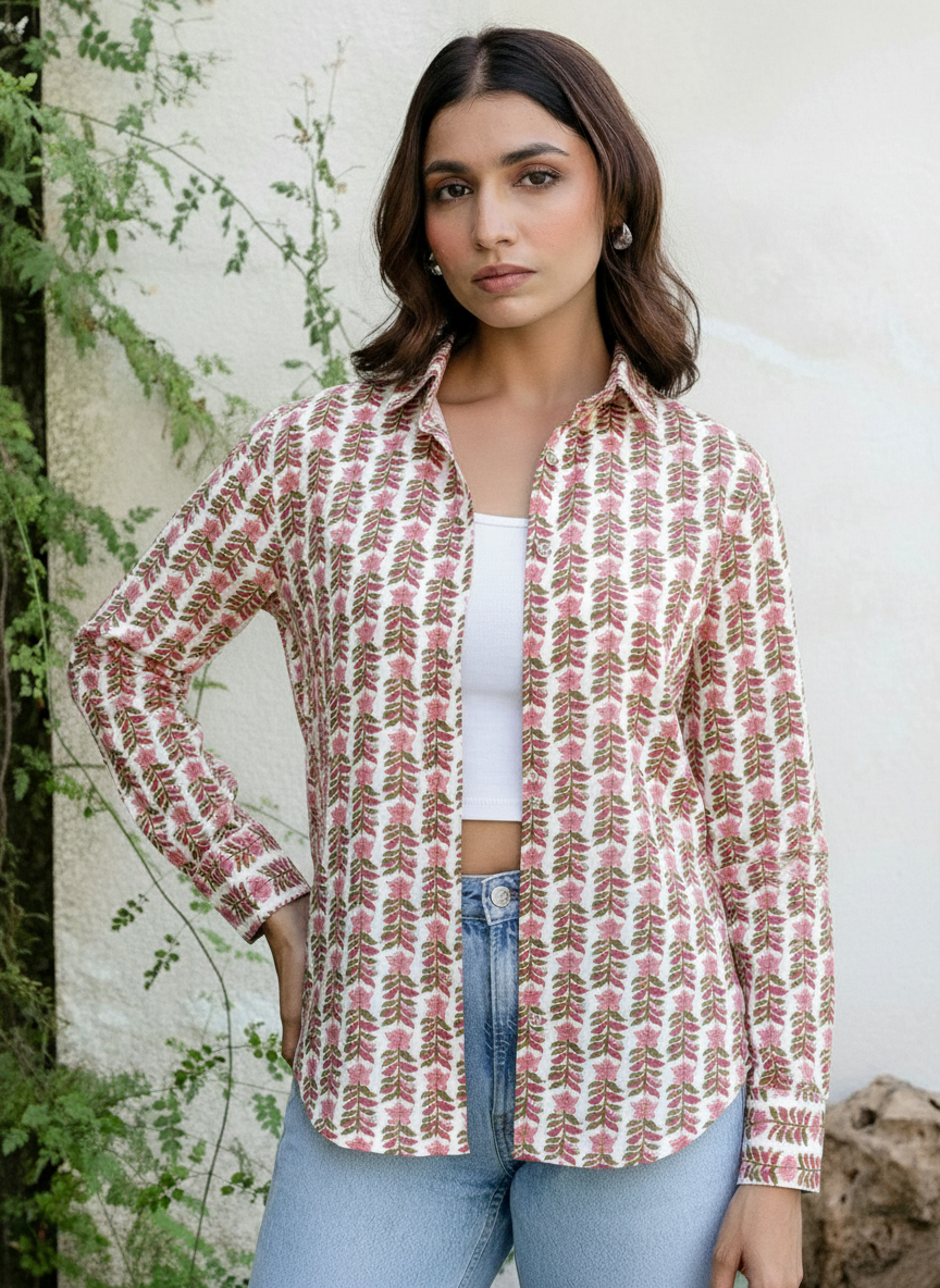 White Handblock Floral Printed Casual Shirt for Women