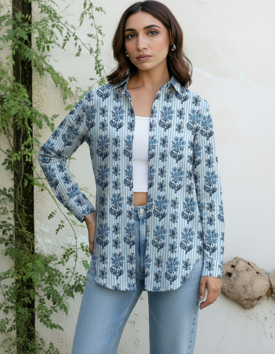 Blue Stripe Floral Printed Cotton Casual Shirt for Women