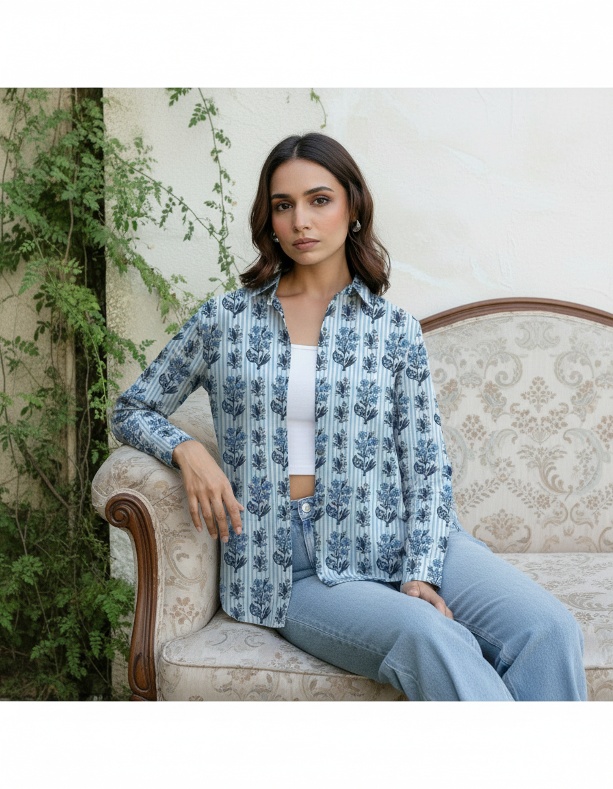 Blue Stripe Floral Printed Cotton Casual Shirt for Women