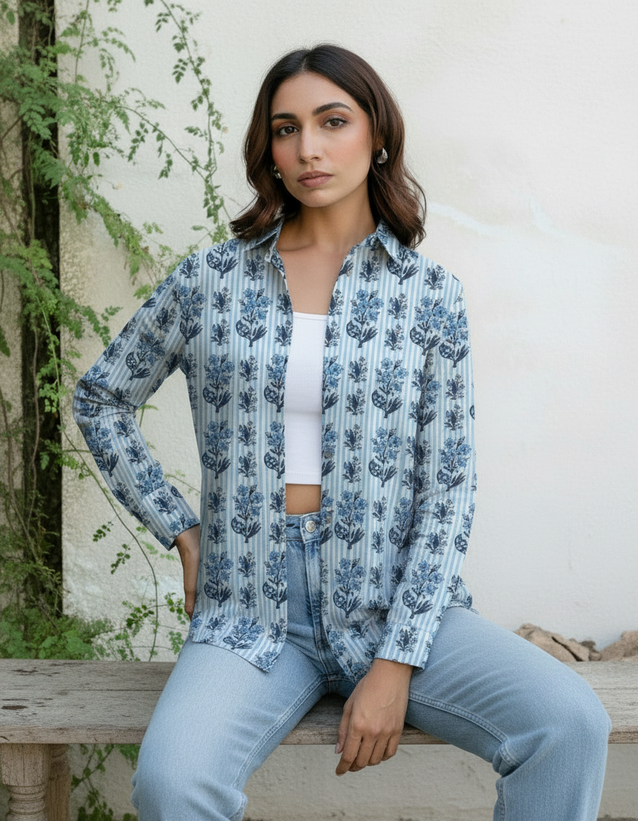 Blue Stripe Floral Printed Cotton Casual Shirt for Women