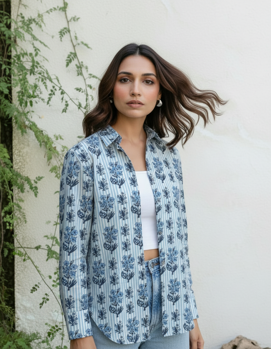 Blue Stripe Floral Printed Cotton Casual Shirt for Women