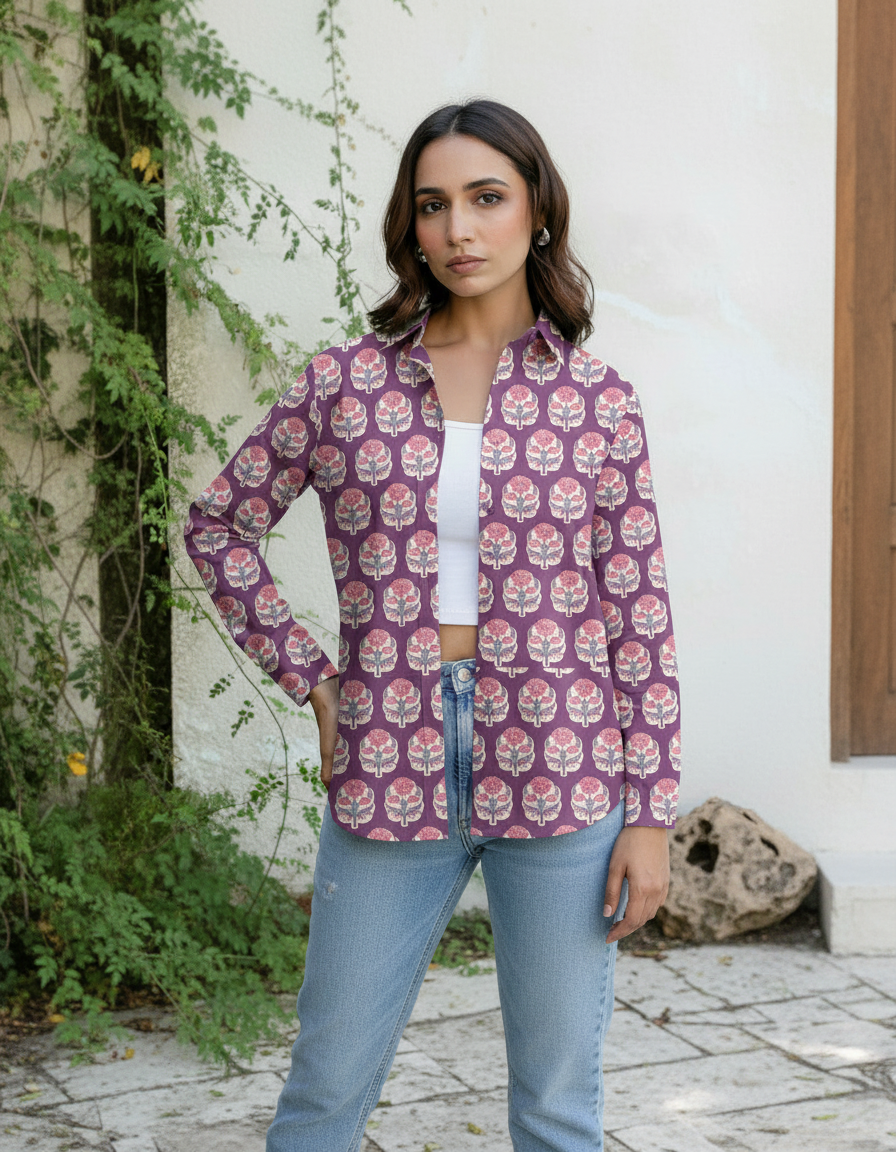 Purple Handblock Floral Motif Printed Cotton Casual Shirt for Women