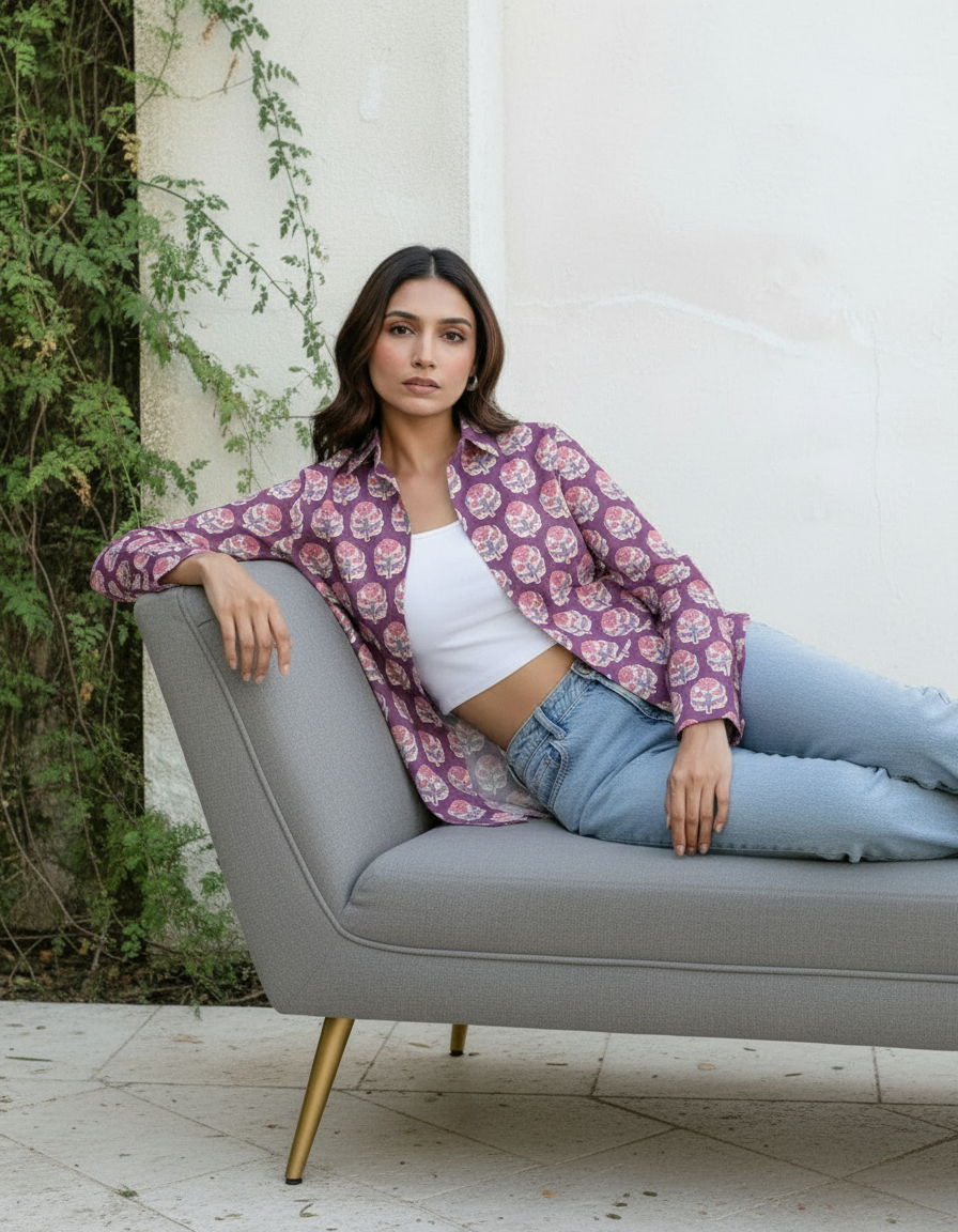 Purple Handblock Floral Motif Printed Cotton Casual Shirt for Women