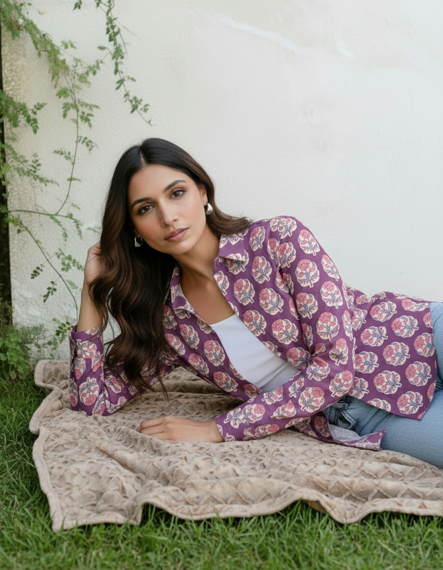 Purple Handblock Floral Motif Printed Cotton Casual Shirt for Women