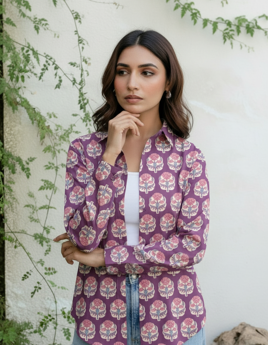 Purple Handblock Floral Motif Printed Cotton Casual Shirt for Women