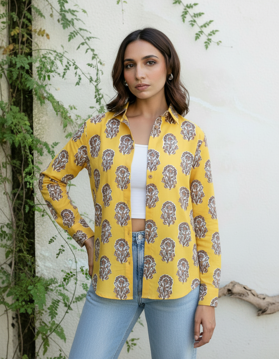 Yellow Mughal Floral Printed Cotton Casual Shirt for Women