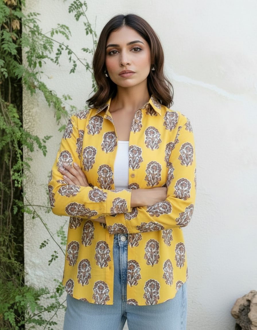 Yellow Mughal Floral Printed Cotton Casual Shirt for Women