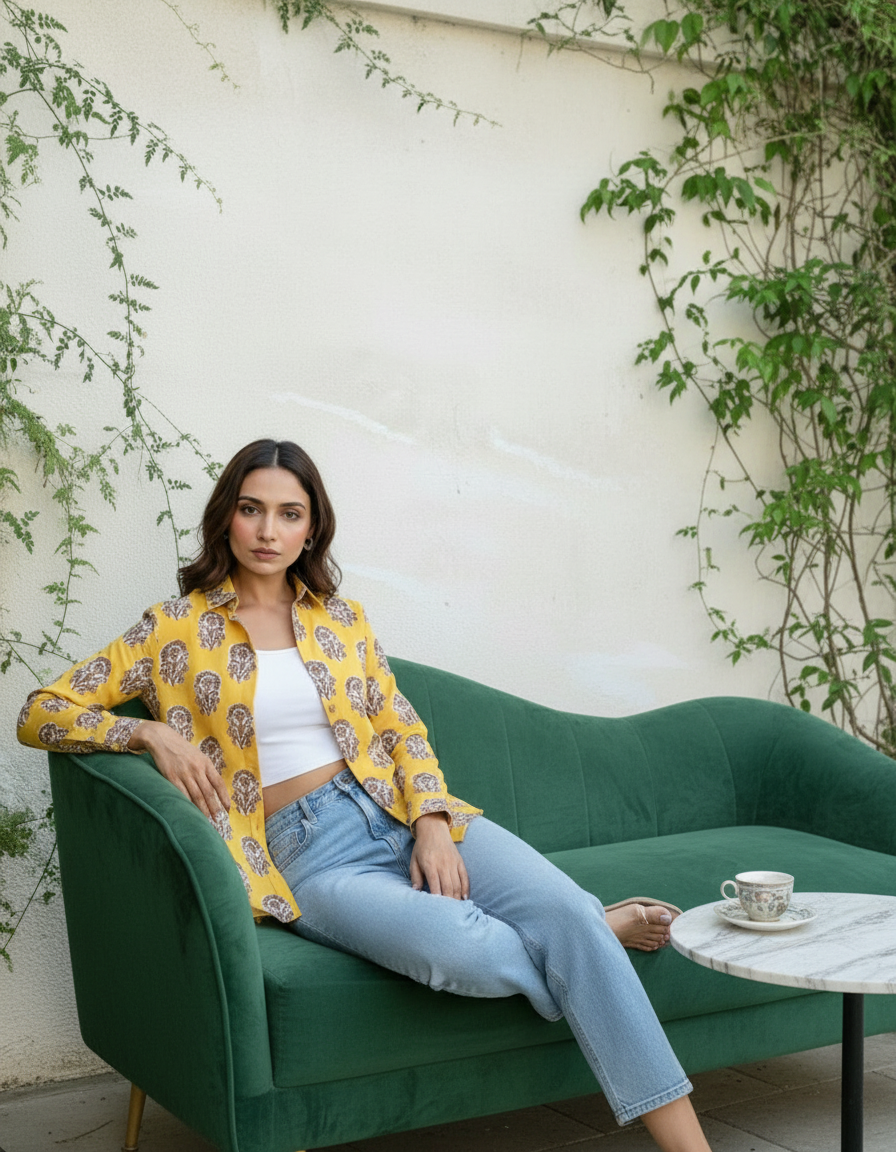 Yellow Mughal Floral Printed Cotton Casual Shirt for Women