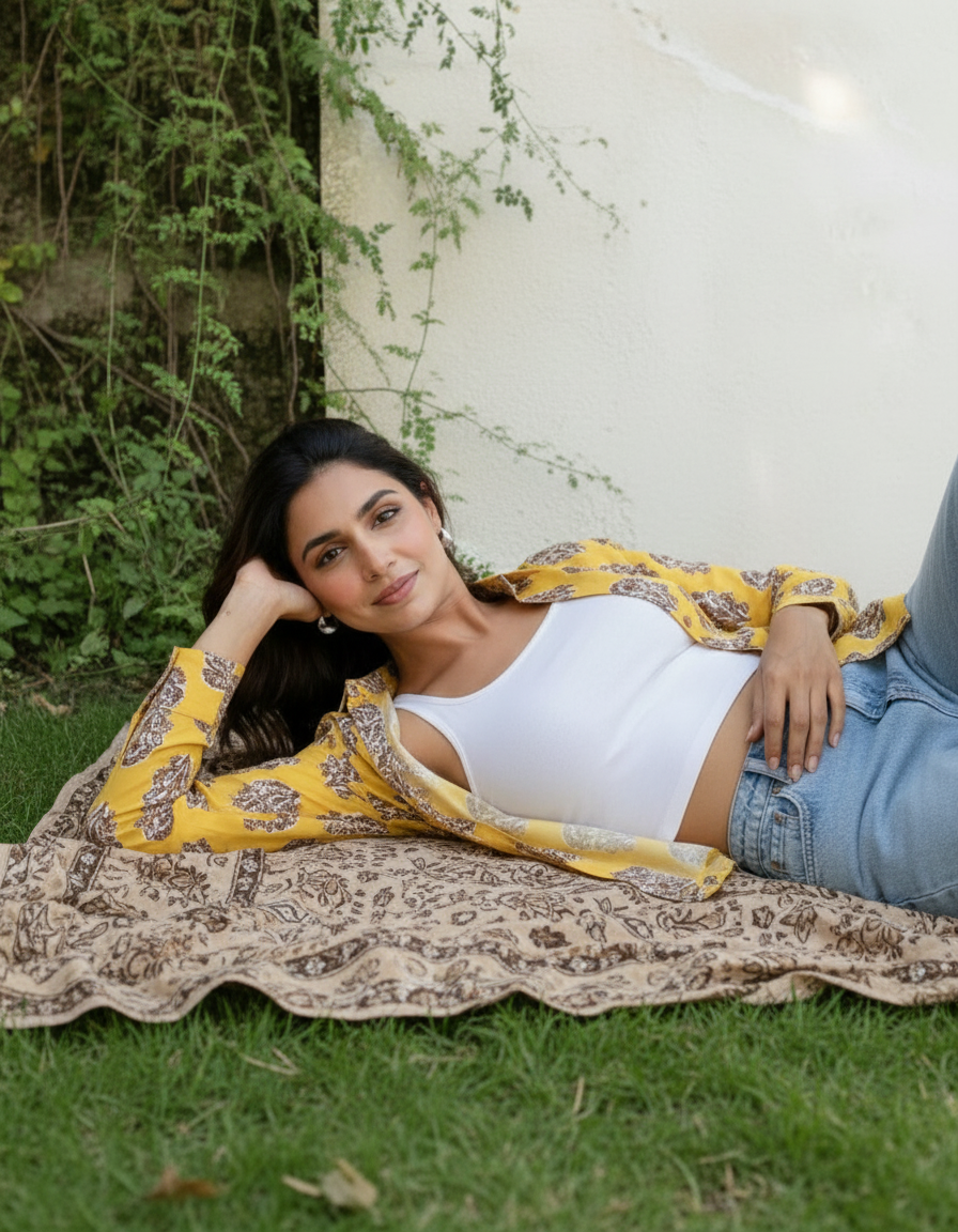 Yellow Mughal Floral Printed Cotton Casual Shirt for Women