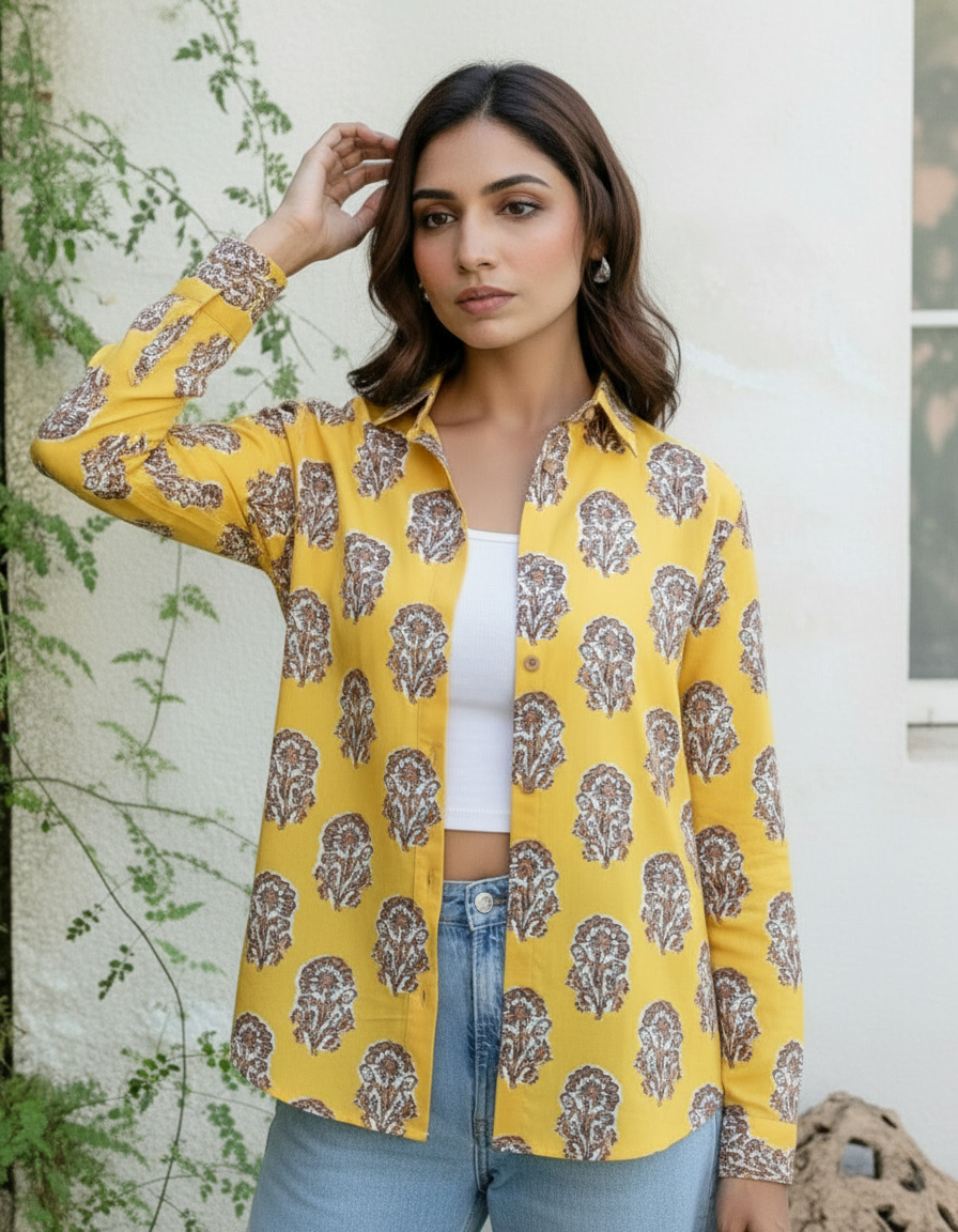 Yellow Mughal Floral Printed Cotton Casual Shirt for Women