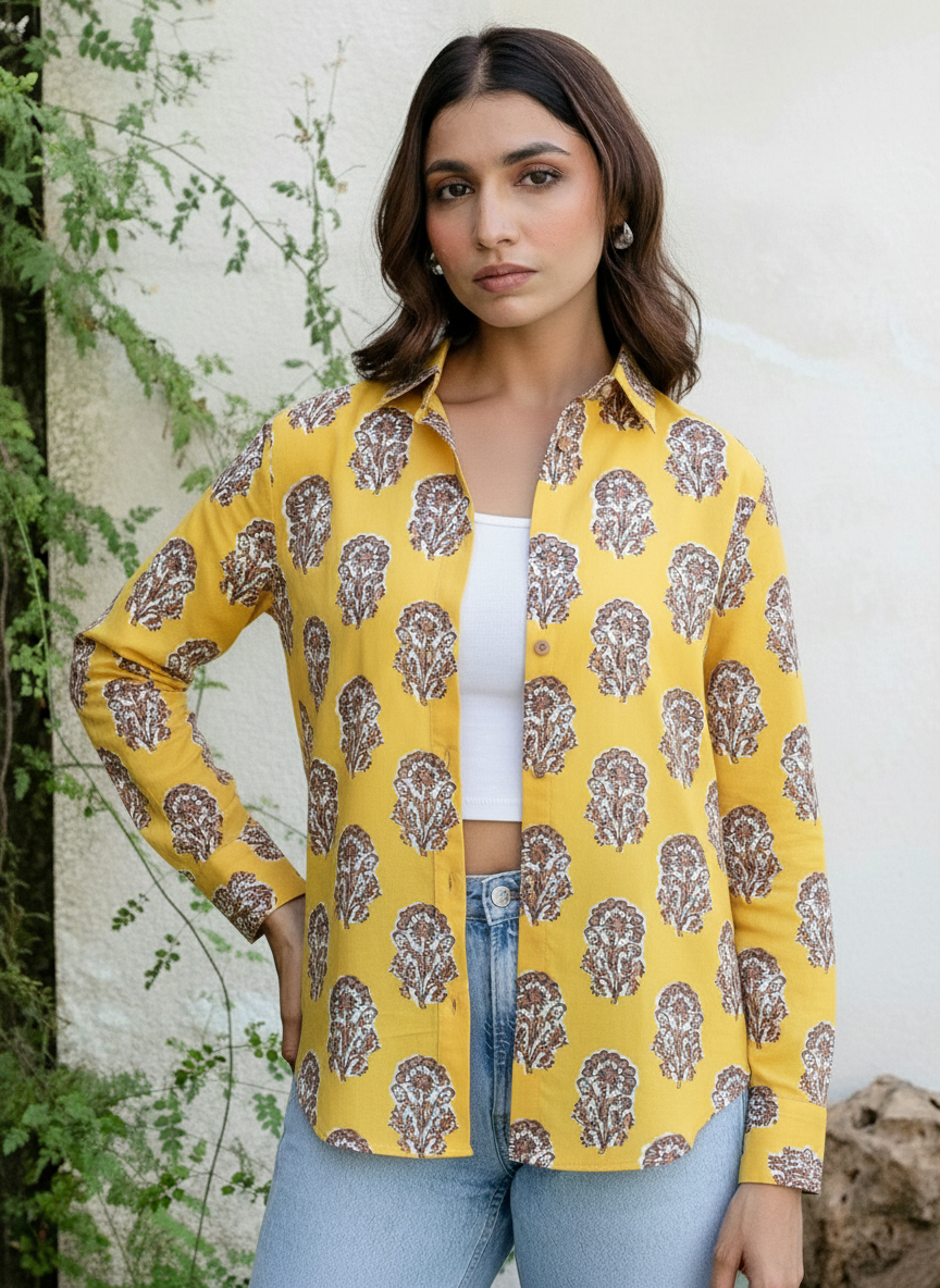 Yellow Mughal Floral Printed Cotton Casual Shirt for Women