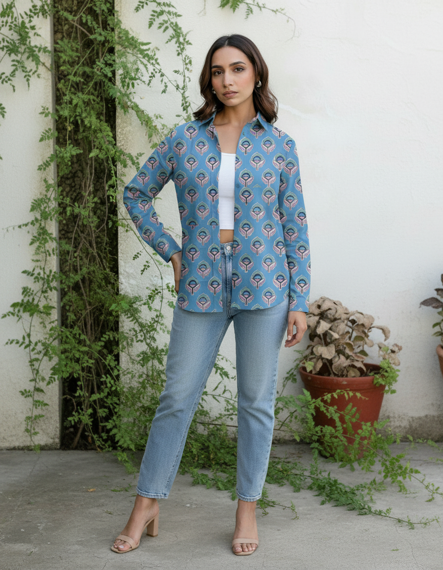 Blue Boho Floral Printed Casual Shirt for Women