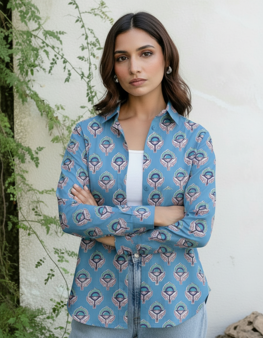 Blue Boho Floral Printed Casual Shirt for Women