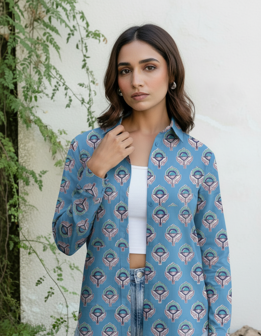 Blue Boho Floral Printed Casual Shirt for Women