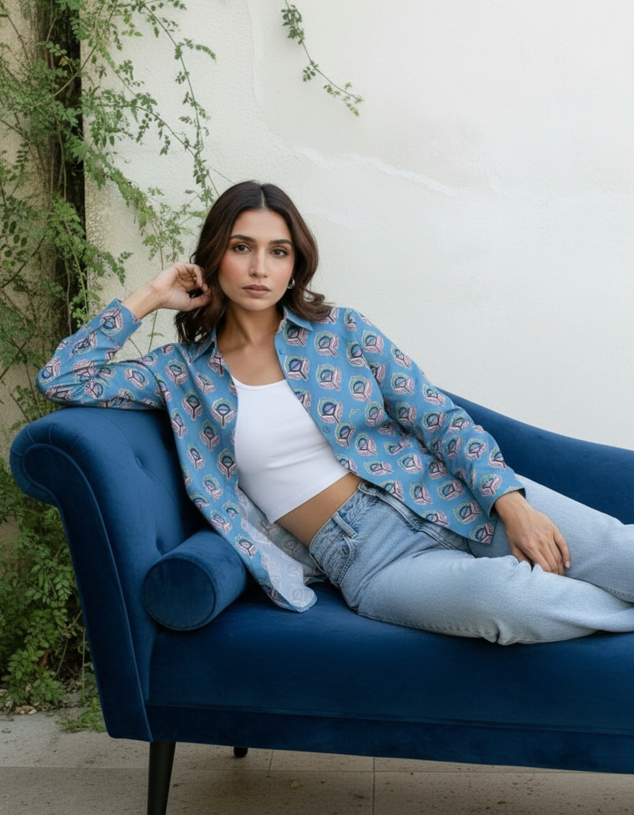 Blue Boho Floral Printed Casual Shirt for Women