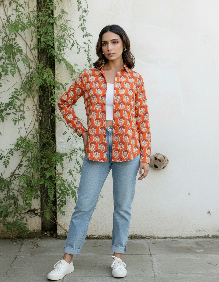 Rust Orange Block Print Casual Shirt for Women