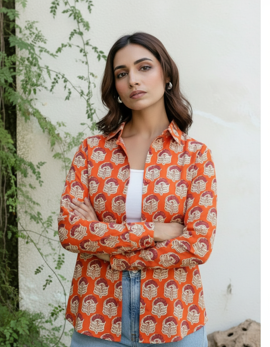 Rust Orange Block Print Casual Shirt for Women