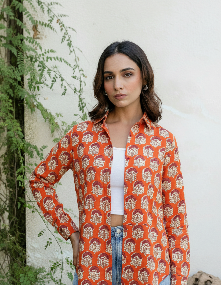 Rust Orange Block Print Casual Shirt for Women