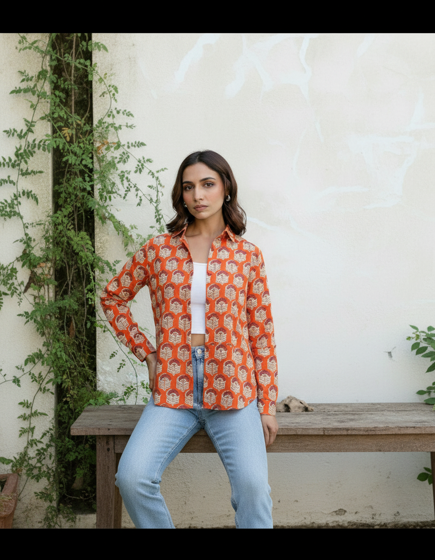 Rust Orange Block Print Casual Shirt for Women