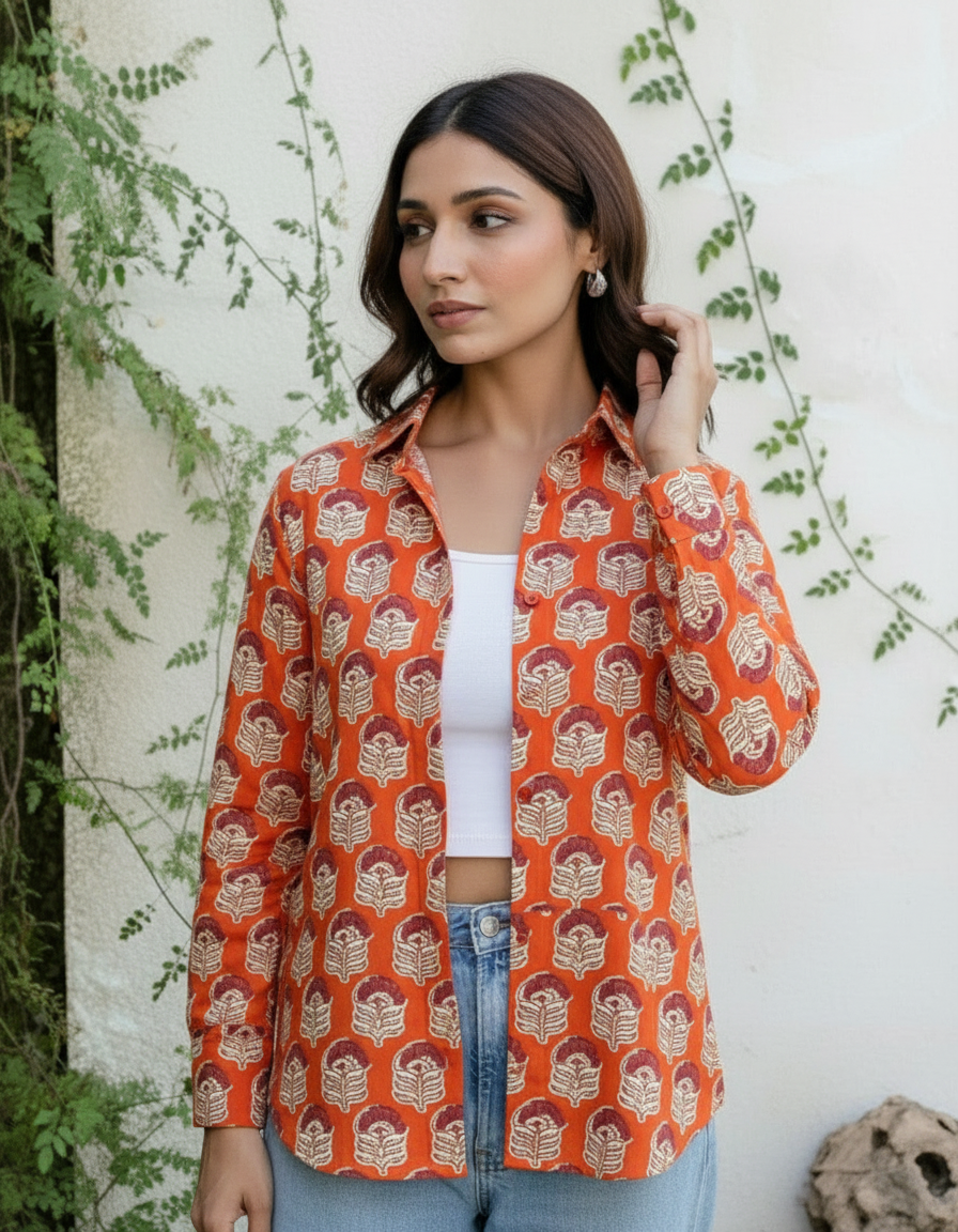 Rust Orange Block Print Casual Shirt for Women