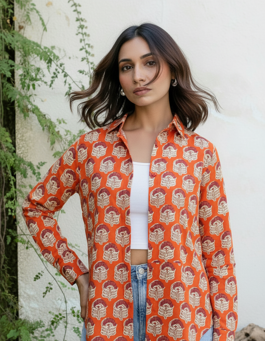 Rust Orange Block Print Casual Shirt for Women