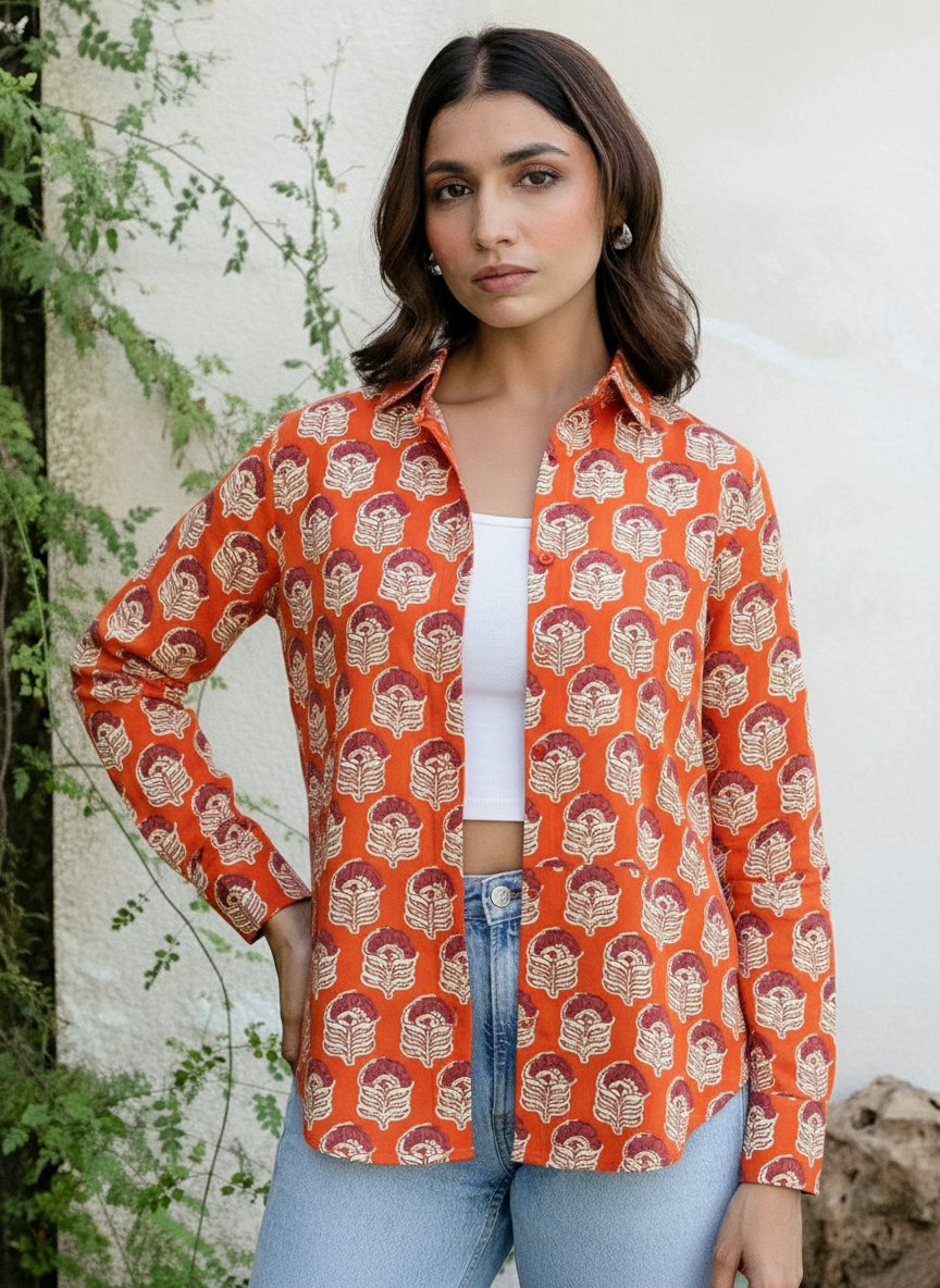Rust Orange Block Print Casual Shirt for Women