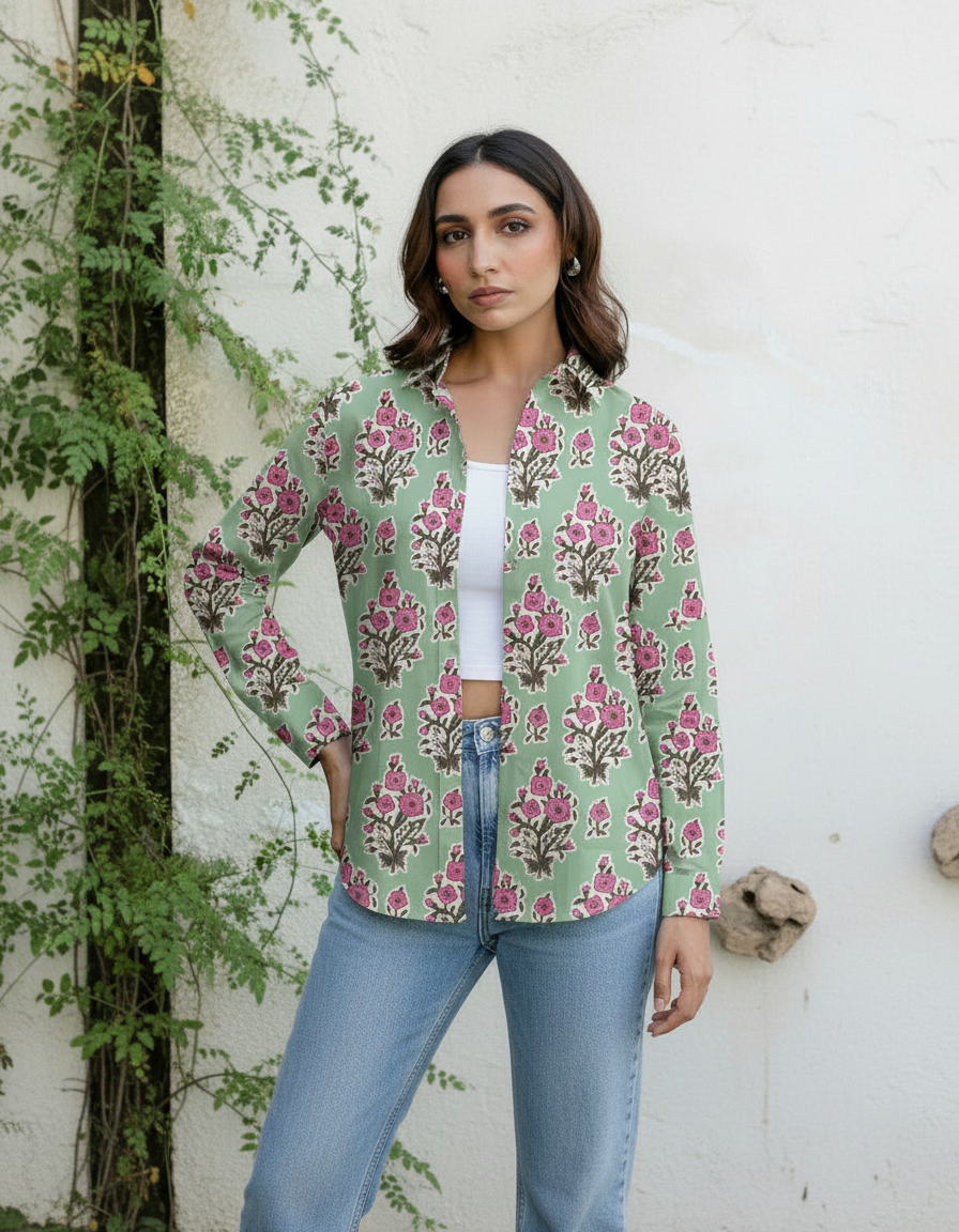 Mint Green Floral Handblock Printed Casual Shirt for Women